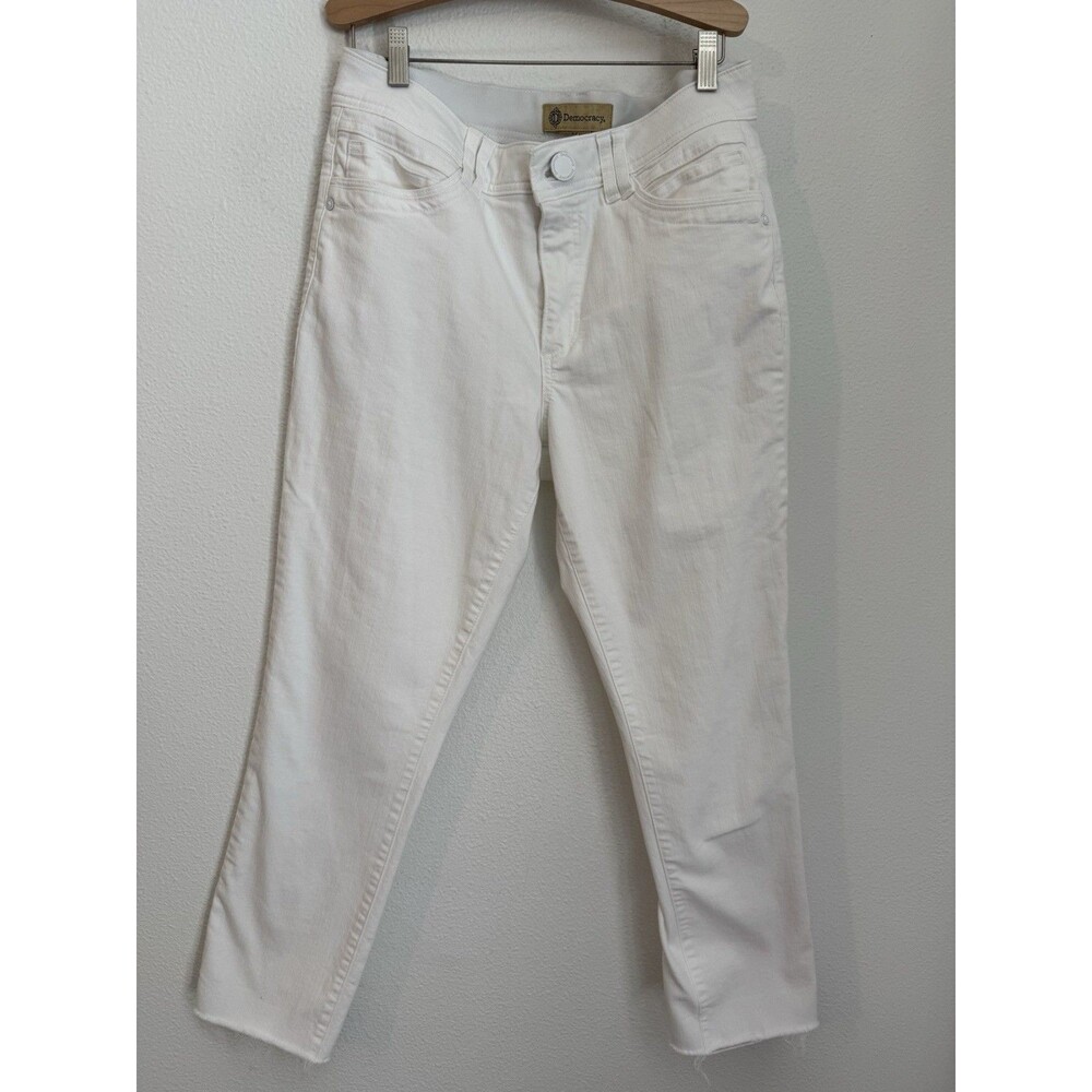 DEMOCRACY Jeans Women White frayed Hem cotton stretch Pants Size 10 Slimming